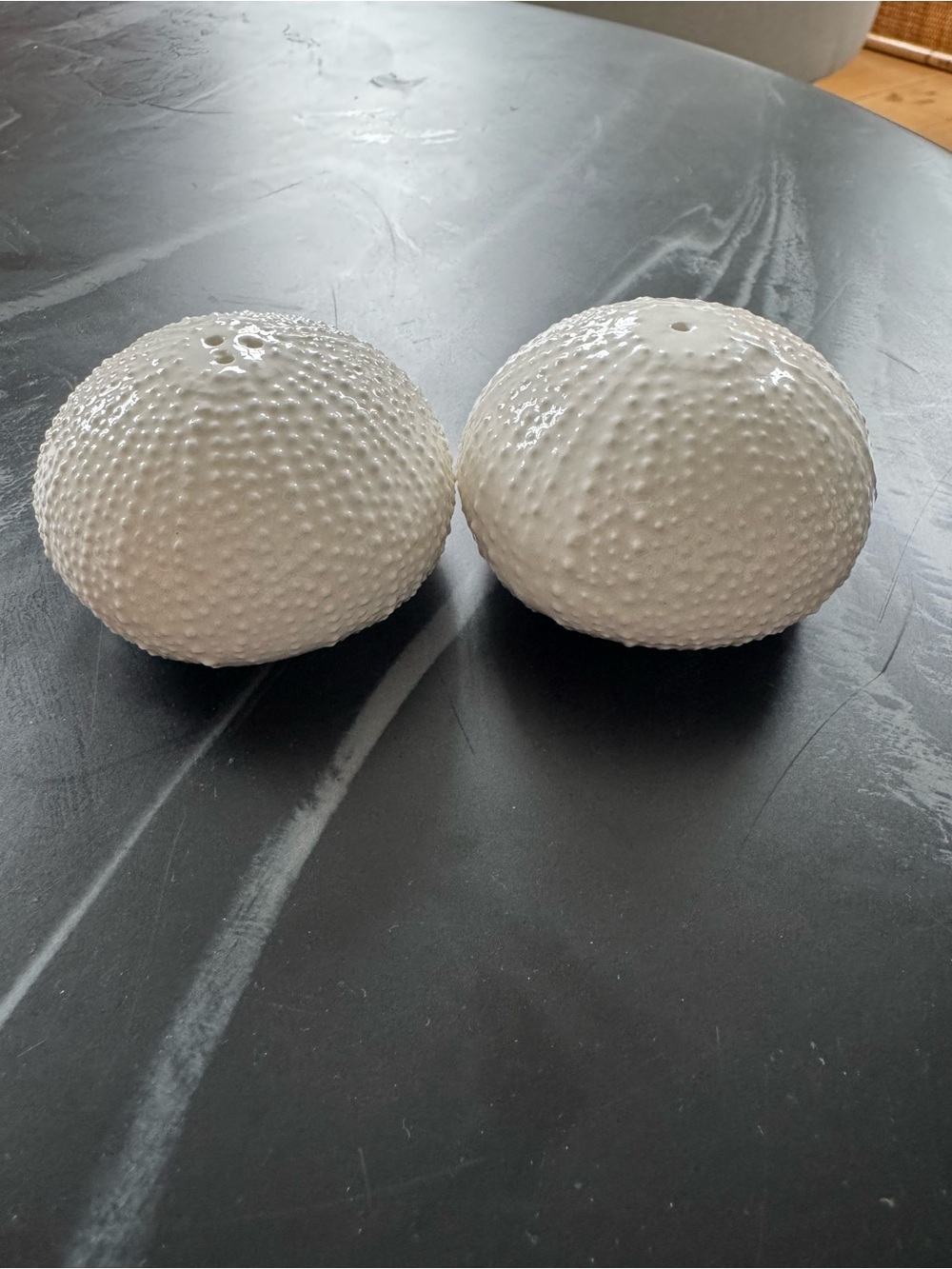 Aerin Pair of White Ceramic Sea Urchin Salt and Pepper Shakers